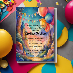Invitation Aquarelle Ballons d'anniversaire Imaginaire Paysag