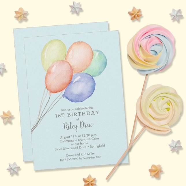 Invitation Aquarelle Ballons garçon 1er anniversaire (Créateur téléchargé)