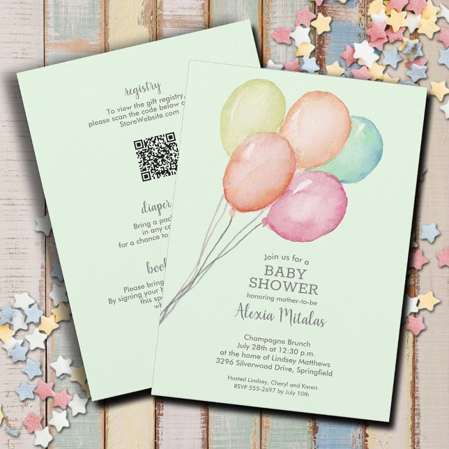 Invitation Aquarelle Ballons Vert bébé tout en une douche (Watercolor balloons unisex baby shower all in one invitations, PRINTED and/or INSTANT DOWNLOAD)