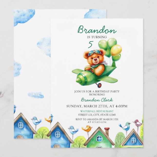 Invitation Aquarelle Ballons verts Avion 5e anniversaire (Devant / Derrière)