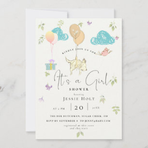 Invitation Aquarelle Balloon Chiot bébé fille Douche