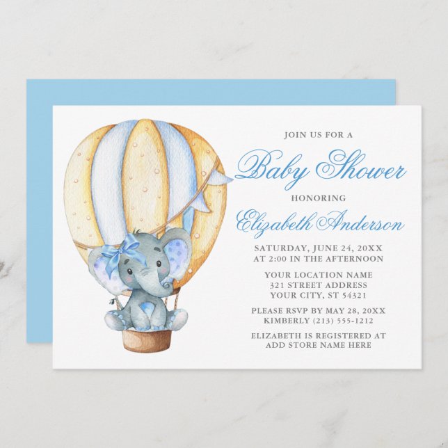 Invitation Aquarelle Balloon Eléphant Baby shower Bleu Bow (Devant / Derrière)