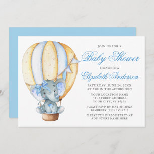 Invitation Aquarelle Balloon Eléphant Baby shower Bleu Bow
