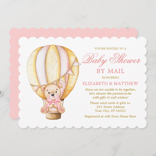 Invitation Aquarelle Balloon Ours Rose Or Douche par la poste (Devant / Derrière)