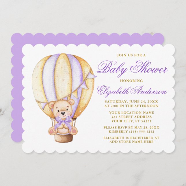 Invitation Aquarelle Balloon Teddy Bear Violet Baby shower (Devant / Derrière)
