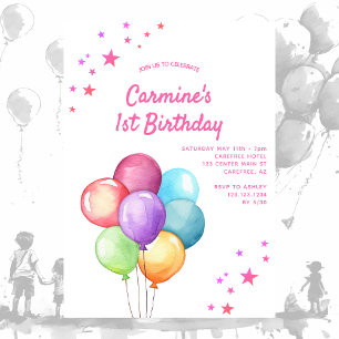 Invitation Aquarelle Balloons Arc-en-ciel 1er anniversaire