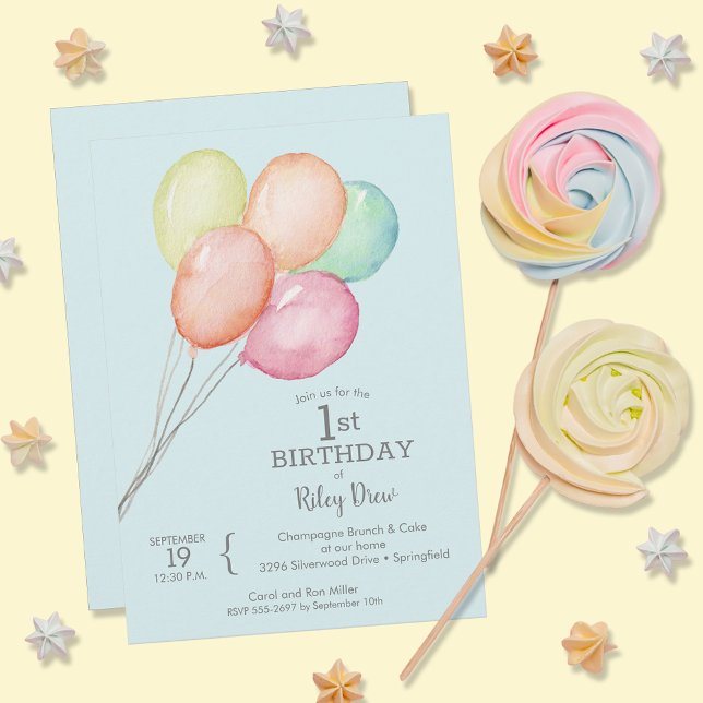 Invitation Aquarelle Balloons Boy 1er anniversaire (Créateur téléchargé)