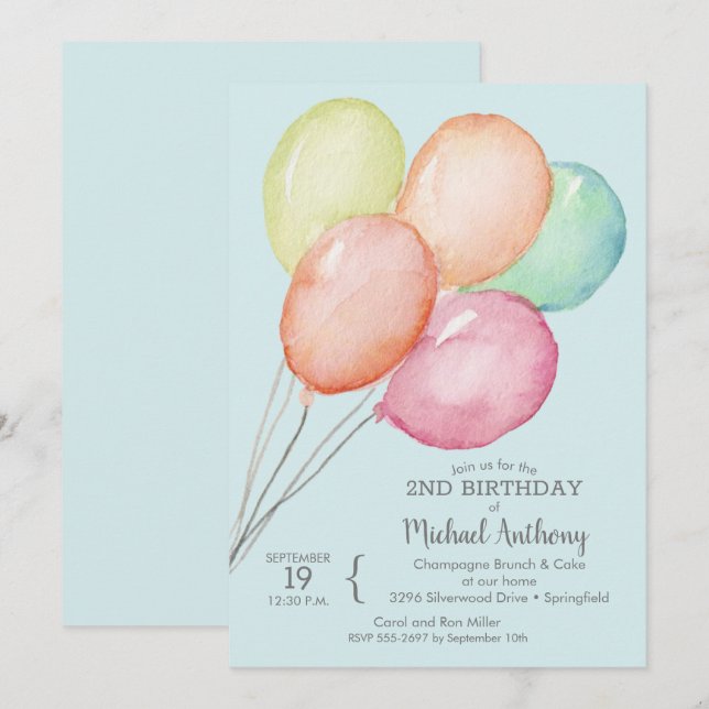 Invitation Aquarelle Balloons Boy 2e anniversaire (Devant / Derrière)