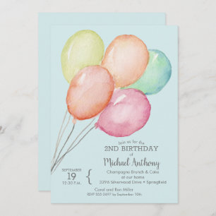 Invitation Aquarelle Balloons Boy 2e anniversaire