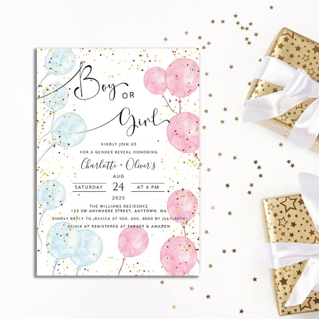 Invitation Aquarelle Balloons Révélation de genre (Créateur téléchargé)