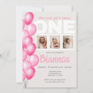 Invitation Aquarelle Ballotte rose photo premier anniversaire