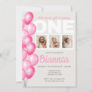 Invitation Aquarelle Ballotte rose photo premier anniversaire