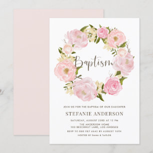 Invitation Aquarelle Baptême de couronne rose pâle