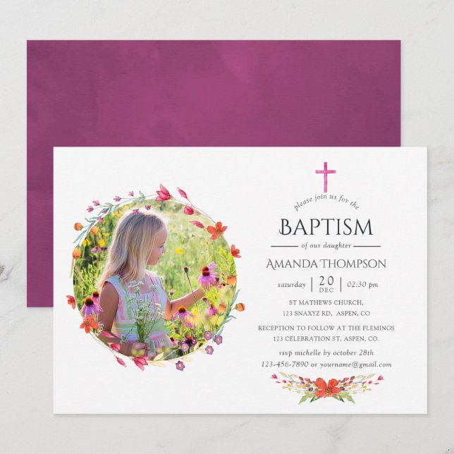 Invitation Aquarelle Baptême de fleur sauvage (Devant / Derrière)