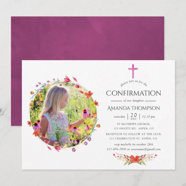 Invitation Aquarelle Baptême de fleur sauvage (Devant / Derrière)