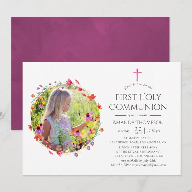 Invitation Aquarelle Baptême de fleur sauvage (Devant / Derrière)