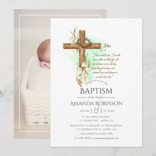 Invitation Aquarelle Baptême Floral ou Christening John Invi (Devant / Derrière)