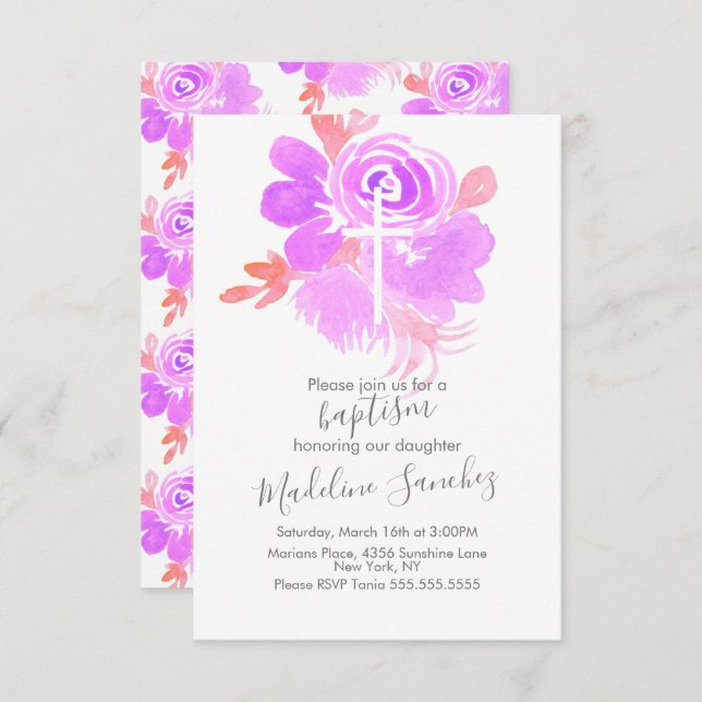 Invitation Aquarelle Baptême Floral Purple Bébé Dédication (Devant / Derrière)