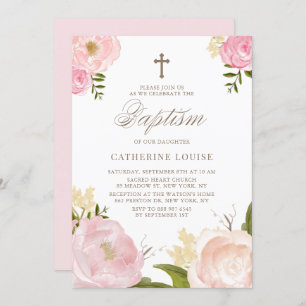 Invitation Aquarelle Baptême floral rose pâle