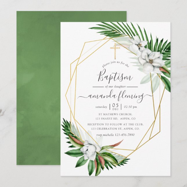 Invitation Aquarelle Baptême Géométrique de Verdure Tropicale (Devant / Derrière)