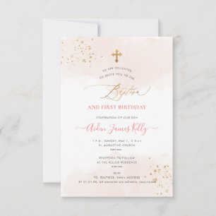 Invitation Aquarelle Baptême Or Blush+1er Anniversaire