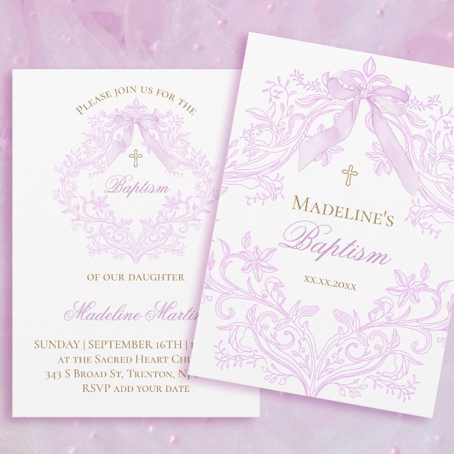 Invitation aquarelle baptême ruban lilas (Créateur téléchargé)