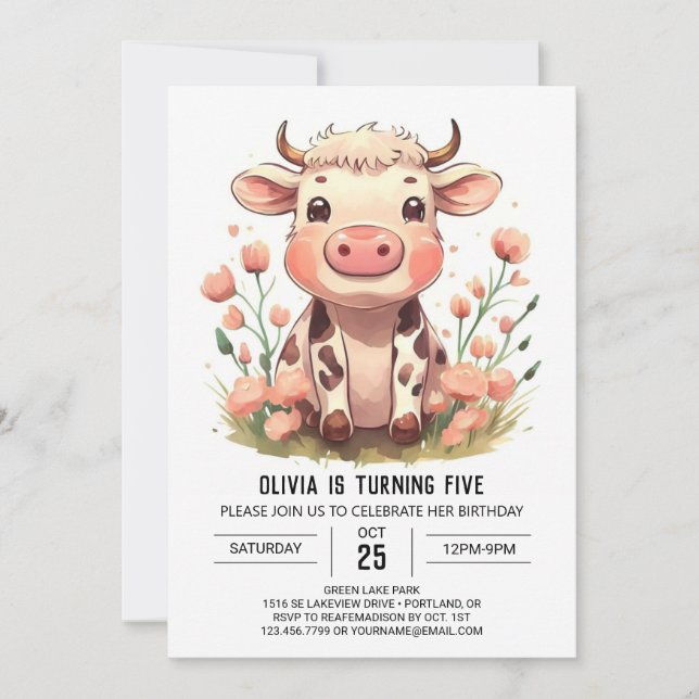 Invitation Aquarelle Barnyard Cow Anniversaire (Devant)