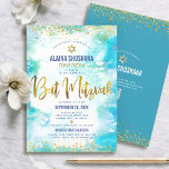 Invitation Aquarelle Bat mitzvah de code QR Turquoise Gold Fo<br><div class="desc">Soyez fier, réjouissez-vous et présentez cette étape importante de votre Bat mitzvah préféré ! Envoyez cette incroyable invitation de code QR personnalisée, moderne et étonnante pour un événement à retenir. Scénario brillant de feuille d'or, points de parties scintillant, Star of David et typographie manuscrite de script superposent un arrière -...</div>