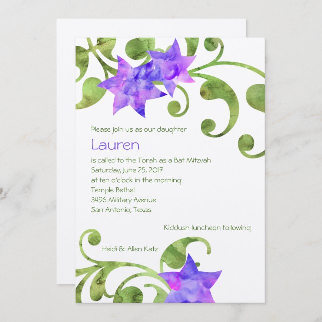 Invitation Aquarelle bat mitzvah Design floral (Devant / Derrière)