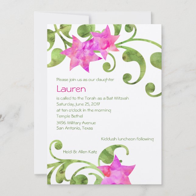 Invitation Aquarelle bat mitzvah Design floral (Devant)