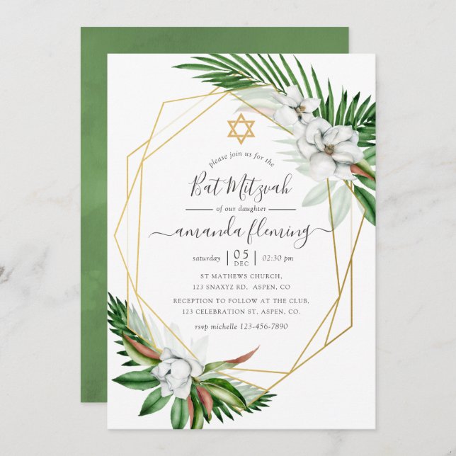 Invitation Aquarelle Bat mitzvah floral tropical (Devant / Derrière)