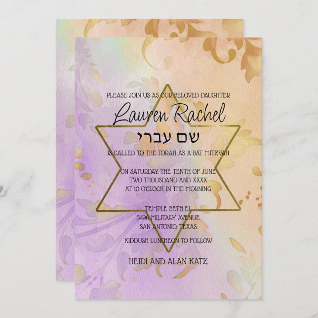 Invitation Aquarelle bat mitzvah Florale Purple Peach (Devant / Derrière)