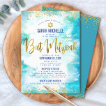 Invitation Aquarelle bat mitzvah or turquoise 2 Venue chic<br><div class="desc">Soyez fier, réjouissez-vous et présentez cette étape importante de votre Bat mitzvah préféré ! Envoyez cette invitation étonnante, moderne, personnalisée pour un événement à retenir. Scénario de feuille d'or, points de parties scintillant. Star of David et script de typographie superposent un arrière - plan d'aquarelle bleu turquoise. Personnalisez le texte...</div>