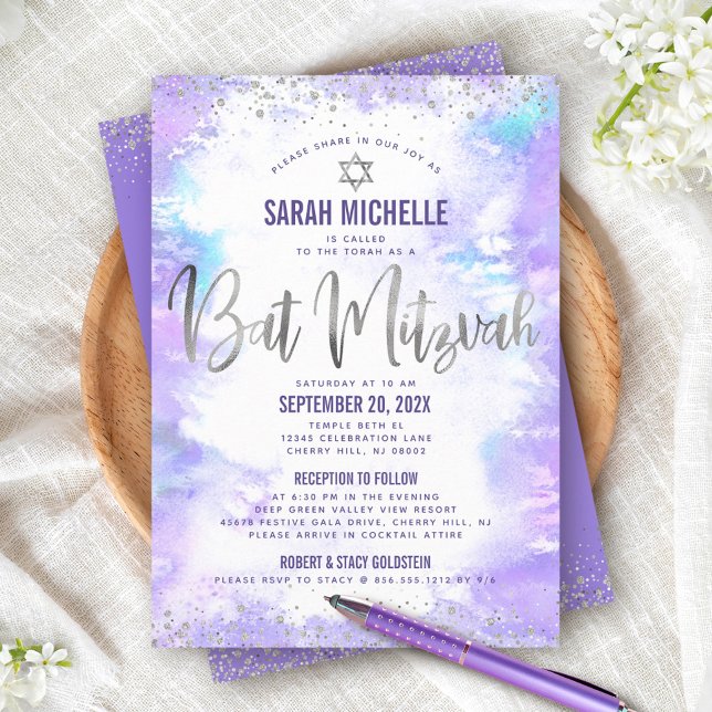 Invitation Aquarelle bat mitzvah Silver Purple Girly 2 Lieu (Créateur téléchargé)