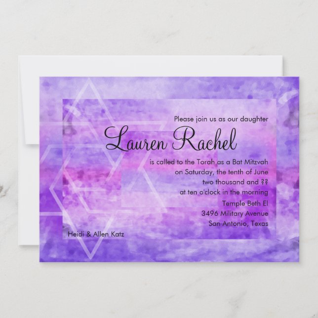 Invitation Aquarelle bat mitzvah Streak Violet Star de David (Devant)