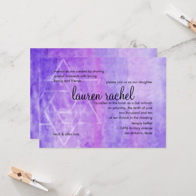 Invitation Aquarelle bat mitzvah Streak Violet Star de David (Devant/Arrière en situation)