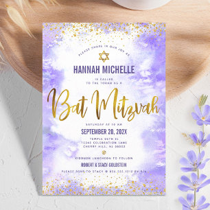 Invitation Aquarelle Bat mitzvah violet or Foil moderne