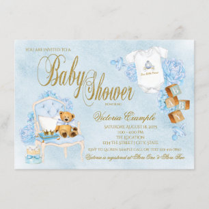 Invitation Aquarelle bébé Baby shower bleu or