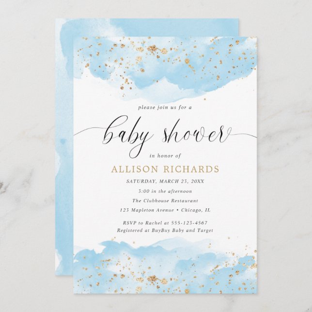 Invitation Aquarelle bébé bleu blanc or garçon baby shower (Devant / Derrière)