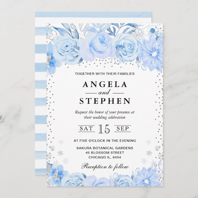 Invitation Aquarelle Bébé bleu Fleurs d'hiver Mariage (Devant / Derrière)