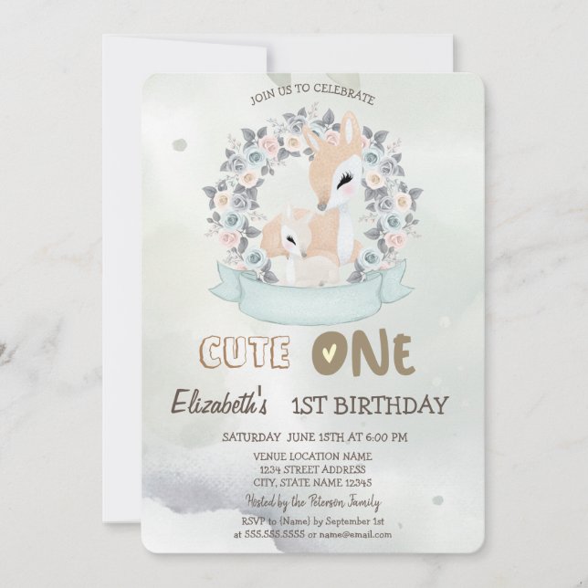 Invitation Aquarelle Bébé Cerf Fleur Roses Vert 1er (Devant)
