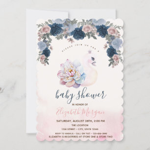 Invitation Aquarelle Bébé Cygne Floral Baby shower rose