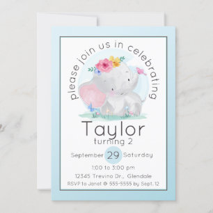 Invitation Aquarelle bébé éléphant avec fleurs Anniversaire