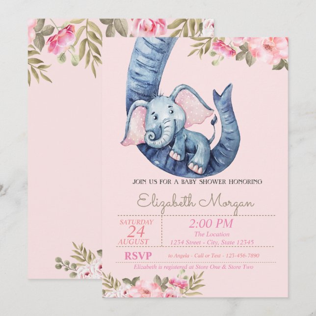 Invitation Aquarelle bébé éléphant, Baby shower floral (Devant / Derrière)