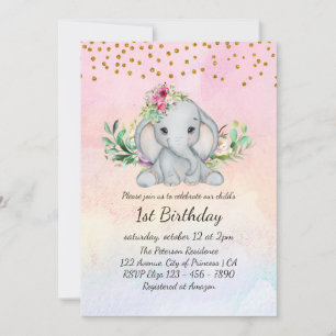 Invitation Aquarelle Bébé Eléphant et fleurs 1er anniversaire