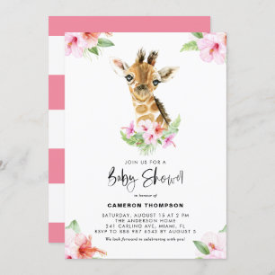 Invitation Aquarelle Bébé Giraffe Baby shower Hibiscus rose