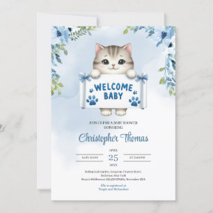 Invitation Aquarelle bébé kitty avec signe dit Welcome baby