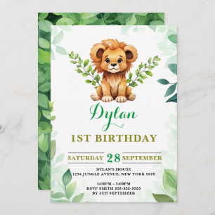 Invitation Aquarelle Bébé Lion Prince Vert Anniversaire