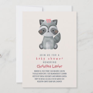 Invitation Aquarelle Bébé Raccoon mignonne Whimsical Baby Gir