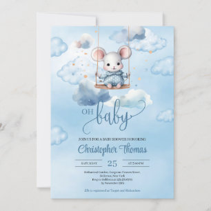 Invitation Aquarelle bébé souris sur balançoire dans le ciel 
